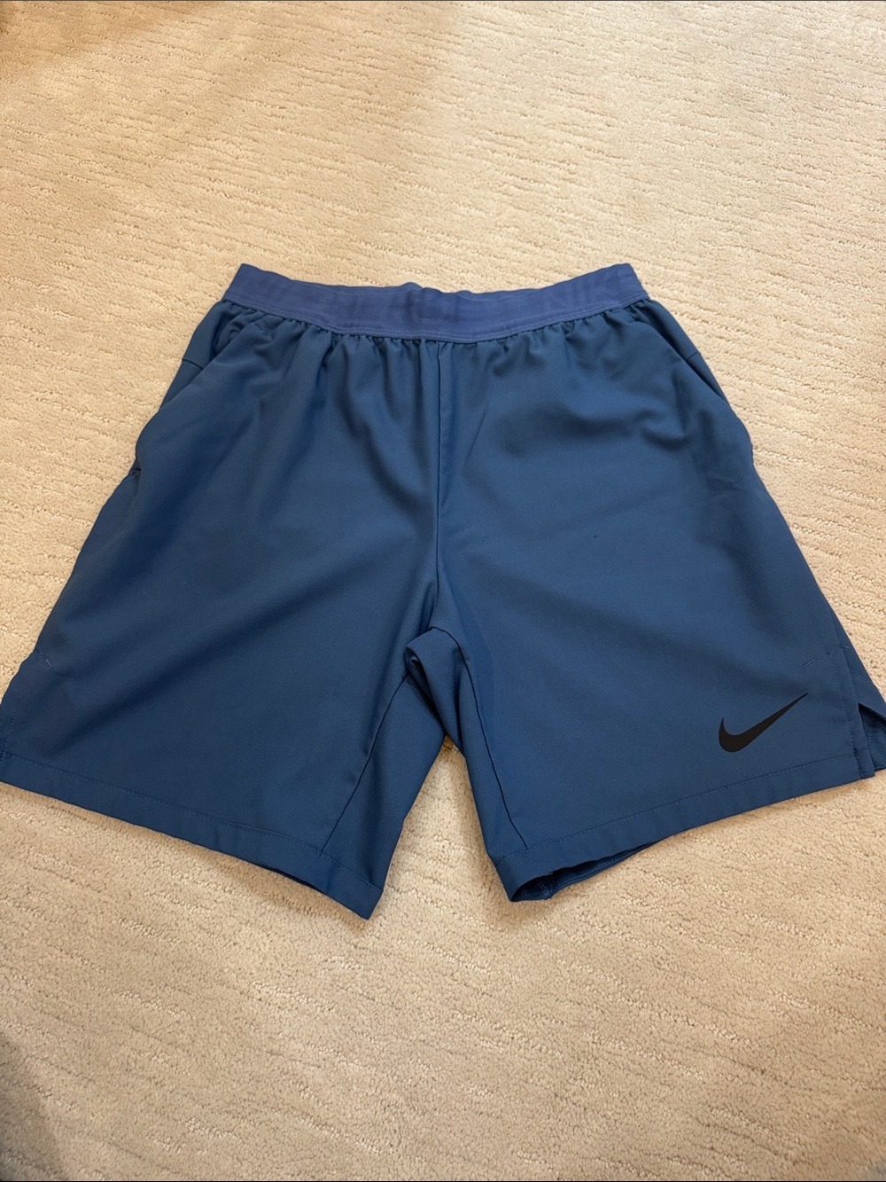 Nike Men's Blue Athletic Shorts with Black Swoosh, Linerless 8” inseam